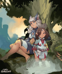 Rule 34 | 10s, 2girls, animal ears, barefoot, breasts, brown hair, cat ears, clothes lift, commentary, commission, feet, final fantasy, final fantasy xiv, hair ornament, highres, lalafell, making-of available, miqo&#039;te, multiple girls, navel, norasuko, partially submerged, silver hair, sitting, skirt, skirt lift, smile, stomach, tree, warrior of light (ff14), water, white mage (final fantasy)