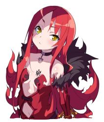 Rule 34 | 1girl, aged down, astaroth (taimanin asagi), bare shoulders, blush, breasts, choker, cleavage, dress, female focus, heart, heart choker, heart tattoo, highres, long hair, looking at viewer, potion (moudamepo), red hair, shiny skin, sideboob, small breasts, taimanin (series), taimanin asagi, taimanin asagi kessen arena, tattoo, yellow eyes
