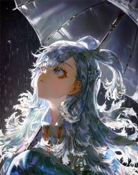 Rule 34 | 1girl, blue eyes, blue hair, ear piercing, highres, holding, holding umbrella, hololive, hololive indonesia, kobo kanaeru, long hair, looking up, piercing, quasarcake, rain, sidelighting, sleeves past fingers, sleeves past wrists, solo, umbrella, upper body, virtual youtuber