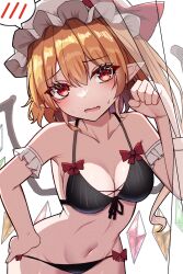 Rule 34 | 1girl, bikini, blonde hair, breasts, cleavage, commentary, crystal, fang, flandre scarlet, hat, highres, kiui (dagk8254), leaning forward, long hair, looking at viewer, medium breasts, mob cap, navel, one side up, open mouth, simple background, skin fang, solo, spoken blush, swimsuit, touhou, white background, white hat, wings