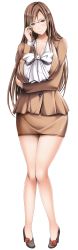 Rule 34 | 1girl, bare legs, bow, breast hold, breasts, brown eyes, brown hair, cleavage, eyebrows, feet, formal, full body, game cg, glasses, high heels, highres, huge breasts, inma no hadou, legs, long hair, long image, long sleeves, looking at viewer, orico, original, simple background, skirt, smile, solo, standing, suit, thighs, white background, yellow skirt