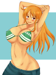 Rule 34 | 1girl, breasts, brown eyes, earrings, covered erect nipples, female focus, highres, jewelry, large breasts, momo 765, nami (one piece), one piece, orange hair, solo
