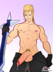 Rule 34 | 1boy, blonde hair, cum, demyx, gloves, highres, kingdom hearts, male focus, muscular, naughty face, nipples, organization xiii, penis, phausto, topless male, smile, solo, teeth, testicles, undressing