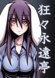 Rule 34 | 1girl, animal ears, rabbit ears, cover, cover page, crazy eyes, kuroba rapid, light purple hair, long hair, looking at viewer, red eyes, reisen udongein inaba, shirt, solo, touhou, translation request, wide-eyed