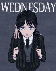 Rule 34 | 1girl, 4awaseyo, addams family, animification, black hair, black jacket, black necktie, blue eyes, braid, character name, collared shirt, grey sweater vest, jacket, long hair, looking at viewer, necktie, shirt, solo, striped clothes, striped jacket, sweater vest, thing (addams family), twin braids, wednesday (netflix), wednesday addams, white shirt