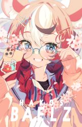 Rule 34 | 1girl, absurdres, adjusting eyewear, animal ear fluff, animal ears, bespectacled, black hair, black shirt, blue eyes, character name, collared shirt, flower, glasses, hair ornament, hairclip, hakos baelz, hand on eyewear, highres, holding, holding phone, hololive, hololive english, long hair, long sleeves, mouse ears, mouse girl, mr. squeaks (hakos baelz), multicolored hair, official alternate costume, phone, red hair, ribbon, round eyewear, school uniform, shirt, smile, streaked hair, striped, sweater, sweater vest, teeth, twintails, virtual youtuber, white hair, yellow sweater, yotte