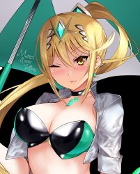 Rule 34 | 1girl, ;p, alternate hairstyle, bikini, black choker, blonde hair, blush, boots, breasts, buckle, camisole, checkered background, choker, cleavage, closed mouth, cropped jacket, daive, earrings, gem, high ponytail, highres, holding, holding umbrella, jacket, jewelry, large breasts, leg up, long hair, looking at viewer, mythra (xenoblade), navel, one eye closed, open clothes, open jacket, race queen, short sleeves, skirt, smile, solo, stomach, swimsuit, thighhighs, thong bikini, tiara, tongue, tongue out, two-tone background, two-tone bikini, umbrella, upskirt, very long hair, white jacket, xeno (series), xenoblade chronicles (series), xenoblade chronicles 2, yellow eyes