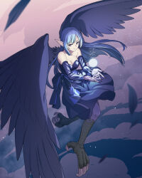 Rule 34 | 1girl, bare shoulders, bird legs, black dress, black feathers, black nails, black wings, blue eyes, blue hair, breasts, cleavage, detached sleeves, dress, duel monster, feathered wings, feathers, flying, harpie oracle, harpy, highres, large breasts, long hair, looking at viewer, monster girl, orb, pointy ears, solo, talons, tsukinami kousuke, winged arms, wings, yu-gi-oh!
