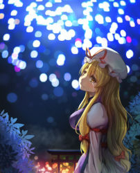 Rule 34 | 1girl, absurdres, blonde hair, bow, crying, crying with eyes open, fireworks, hair bow, hair ribbon, hat, highres, long hair, looking at viewer, mob cap, poly, ribbon, shaft look, smile, solo, streaming tears, tears, torii, touhou, yakumo yukari, yellow eyes