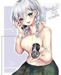 Rule 34 | 1girl, 2017, :d, alternate costume, artist name, bad id, bad pixiv id, blush, braid, breasts, can, colored eyelashes, commentary request, contemporary, cowboy shot, dated, drink can, fingernails, foreshortening, green eyes, green skirt, hair between eyes, head tilt, highres, izayoi sakuya, long hair, long sleeves, looking at viewer, medium breasts, no headwear, open mouth, outline, pov, red lips, ribbed sweater, shanghai bisu, signature, silver hair, skirt, smile, soda can, solo, sweater, touhou, turtleneck, turtleneck sweater, twin braids, yellow sweater