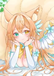 Rule 34 | 1girl, absurdres, animal ear fluff, animal ears, blush, bow, breasts, character request, cleavage, commentary, commission, detached sleeves, earrings, elbow rest, flower, green eyes, hair between eyes, head rest, heterochromia, highres, indie virtual youtuber, jewelry, leaf, long hair, looking at viewer, lying, medium breasts, multiple tails, null maru, on stomach, orange hair, ornament, skeb commission, smile, solo, tail, virtual youtuber, wings, yellow bow, yellow eyes
