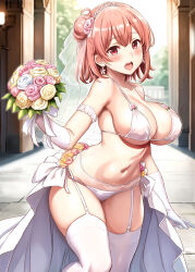 Rule 34 | 1girl, blush, bouquet, breasts, bridal lingerie, bridal veil, bride, earrings, elbow gloves, flower, garter belt, garter straps, gloves, hair bun, highres, inanaki shiki, jewelry, large breasts, lingerie, looking at viewer, navel, open mouth, panties, pink eyes, pink hair, short hair, single hair bun, single side bun, solo, teeth, thighhighs, underwear, upper teeth only, veil, white garter straps, white panties, white thighhighs, yahari ore no seishun lovecome wa machigatteiru., yuigahama yui
