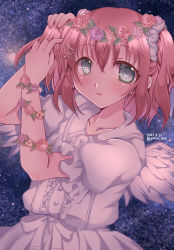 Rule 34 | 1girl, adjusting hair, angel wings, aqua eyes, artist name, artist request, blue sky, blush, bow, breasts, center frills, close-up, cloud, collarbone, dress, feathered wings, female focus, fixing hair, flower, flower wreath, frilled sleeves, frills, green eyes, hair between eyes, hair ornament, hair scrunchie, hairclip, head wreath, highres, kurosawa ruby, looking at viewer, love live!, love live! school idol festival, love live! sunshine!!, miniskirt, night, night sky, outdoors, parted lips, pink flower, plaid, plaid dress, plaid skirt, pleated, pleated dress, pleated skirt, puffy short sleeves, puffy sleeves, red flower, red hair, scrunchie, short hair, short sleeves, skirt, sky, small breasts, smile, solo, star (sky), star (symbol), twintails, two side up, white bow, white dress, white scrunchie, white skirt, white wings, wing hair ornament, wings