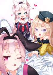 Rule 34 | 3girls, :d, ;p, animal ear fluff, animal ears, azur lane, bache (azur lane), bare shoulders, black dress, black headwear, black ribbon, blush, cat ears, closed mouth, commander (azur lane), commentary request, dress, fake animal ears, fang, forehead, fur-trimmed sleeves, fur trim, gloves, green eyes, hair intakes, hair ribbon, hand up, heart, heart-shaped pupils, highres, hobby (azur lane), jacket, kirisame mia, light brown hair, long hair, long sleeves, looking at viewer, mesugaki, multiple girls, off shoulder, one eye closed, open mouth, pants, parted bangs, pink hair, purple eyes, red neckwear, ribbon, sailor collar, sailor dress, sidelocks, sims (azur lane), sitting, sleeves past fingers, sleeves past wrists, smile, smug, symbol-shaped pupils, tilted headwear, tongue, tongue out, trembling, two side up, very long hair, white gloves, white jacket, white pants, white sailor collar, yellow jacket
