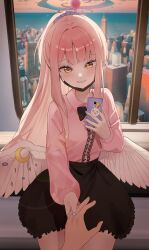 Rule 34 | 1girl, blue archive, hare (hare 1730), indoors, long hair, long sleeves, looking at viewer, mika (blue archive), pink hair, smile, solo, wings, yellow eyes