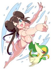 Rule 34 | 1girl, ass, bare shoulders, barefoot, bikini, blue eyes, blush, breasts, brown hair, cleavage, collarbone, creatures (company), double bun, double v, full body, game freak, gen 5 pokemon, hair bun, highres, large breasts, legs, long hair, nintendo, one eye closed, open mouth, pink bikini, pokemon, pokemon (creature), pokemon bw2, rosa (pokemon), simple background, smile, snivy, splashing, swimsuit, teeth, tottotonero, twintails, upper teeth only, v, water, white background, wink
