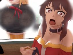 Rule 34 | 2girls, absurdres, against glass, bare shoulders, blonde hair, bodystocking, breast envy, breast press, breasts, brown hair, choker, cleavage, collarbone, crying, darkness (konosuba), dress, fingerless gloves, gloves, highres, kono subarashii sekai ni shukufuku wo!, large breasts, looking at viewer, megumin, meme, mr.russo, multiple girls, open mouth, red dress, red eyes, red ribbon, ribbon, screaming, short hair with long locks, tears, woman scared of breasts (meme)