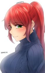 Rule 34 | 1girl, alternate costume, aran sweater, blush, breasts, cable knit, commentary, dated, english commentary, from side, green eyes, half-closed eyes, highres, large breasts, long hair, ponytail, pyrrha nikos, red hair, rwby, simple background, solo, sweater, very long hair, white background, z666ful