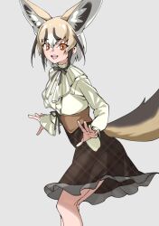 Rule 34 | absurdres, animal ears, black bow, black bowtie, blonde hair, blush, bow, bowtie, brown hair, brown skirt, casual, collar, commentary request, cowboy shot, extra ears, fox ears, fox girl, fox tail, frilled collar, frills, high-waist skirt, highres, kemono friends, kemono friends 3, long sleeves, looking at viewer, multicolored hair, official alternate costume, open mouth, orange eyes, plaid, plaid skirt, puffy sleeves, rueppell&#039;s fox (kemono friends), shirt, short hair, sidelocks, skirt, smile, tail, tanabe (fueisei), white hair, white shirt