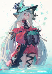 Rule 34 | 1girl, air bubble, aqua gloves, aqua hat, arknights, bare shoulders, blush, breasts, bubble, closed mouth, cowboy shot, dress, echj, gloves, hair between eyes, hat, highres, long hair, long sleeves, looking at viewer, medium breasts, official alternate costume, own hands together, red dress, red eyes, revision, short dress, sideways glance, silver hair, skadi (arknights), skadi the corrupting heart (arknights), solo, thigh strap, very long hair, wading, water, white background
