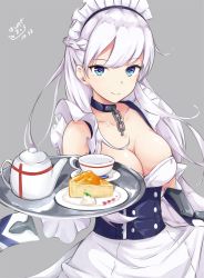 Rule 34 | 1girl, apron, arm guards, artist name, azur lane, bare shoulders, belfast (azur lane), blue eyes, braid, breasts, broken, broken chain, cake, chain, choker, cleavage, clothes lift, collar, collarbone, commentary request, corset, covered erect nipples, cup, dress, elbow gloves, food, french braid, frilled dress, frills, gloves, grey background, highres, hoshimiya mashiro, large breasts, long hair, looking at viewer, maid, maid apron, maid headdress, signature, skirt, skirt lift, sleeveless, sleeveless dress, smile, solo, teacup, teapot, very long hair, waist apron, white apron, white gloves, white hair
