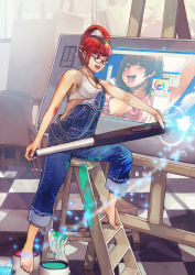 Rule 34 | 1girl, barefoot, between breasts, breasts, cleavage, computer, corel painter, drawing tablet, earphones, feet, glasses, hokoodo, ladder, large breasts, mini person, minigirl, monitor, oekaki musume, original, overalls, oversized object, paint can, pen, person between breasts, red hair, solo, stairs, stylus, tank top, wacom