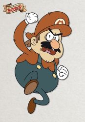 Rule 34 | black eyes, brown hair, clenched hands, commentary, copyright name, doc shoddy, english commentary, facial hair, full body, gloves, grey background, hand up, hat, highres, long sleeves, looking at viewer, mario, mario (series), mature male, mustache, nintendo, open mouth, red hat, red shirt, shirt, super mario bros. 1, teeth, the marvelous misadventures of flapjack, tongue, toon (style), v-shaped eyebrows, white gloves