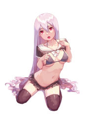 Rule 34 | 1girl, absurdres, black skirt, black thighhighs, breasts, collarbone, highres, long hair, looking at viewer, miniskirt, navel, open clothes, open mouth, open shirt, red eyes, ren huozhe, school uniform, serafuku, shirt, silver hair, sitting, sitting on lap, sitting on person, skirt, small breasts, solo, thighhighs, very long hair, white background