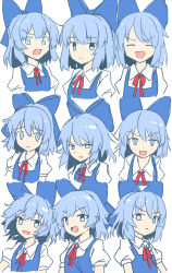 Rule 34 | 1girl, angry, blue bow, blue dress, blue eyes, blue hair, bow, bowtie, cirno, closed eyes, closed mouth, collar, collared shirt, dress, e.o., eyes visible through hair, hair between eyes, happy, highres, looking at viewer, looking to the side, looking up, no wings, open mouth, puffy short sleeves, puffy sleeves, red bow, red bowtie, serious, shirt, short hair, short sleeves, simple background, sketch, smile, smug, solo, surprised, touhou, upper body, white background, white shirt, white sleeves