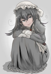Rule 34 | 1girl, closed mouth, danbou kigu, dress, gloves, grey background, grey dress, grey eyes, hat, head tilt, long dress, long sleeves, looking at viewer, maid, maid cap, mob cap, original, simple background, smile, solo, squatting, white gloves, white hat