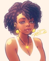 Rule 34 | 1girl, 2016, afro, annie mei project, bad id, bad tumblr id, black hair, borrowed character, breasts, brown eyes, cleavage, dark skin, dreadlocks, earrings, eyelashes, eyeliner, jewelry, lips, lipstick, makeup, medium breasts, mole, mole under mouth, necklace, nose, retro mei, robaato, signature, star (symbol), star necklace, tank top, thick eyebrows, very dark skin