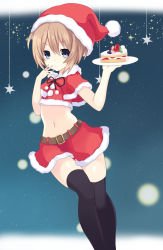 Rule 34 | 1girl, absurdres, black thighhighs, blanc (neptunia), blue eyes, brown hair, cake, capelet, christmas, crop top, food, fur trim, hair between eyes, hand on own face, hat, highres, holding, holding plate, light frown, looking at viewer, midriff, navel, neptune (series), plate, ramu-on@ shinon, red capelet, red skirt, santa costume, santa hat, short hair, skirt, sky, solo, star (sky), starry sky, thighhighs, zettai ryouiki