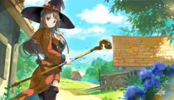 Rule 34 | 1girl, black eyes, blurry, blurry background, boots, brown hair, cart, commentary, day, depth of field, fantasy, flower, grass, hat, holding, hood, hood down, long hair, looking at viewer, looking back, original, outdoors, pouch, robe, scenery, sky, solo, staff, thigh boots, thighhighs, tree, witch, witch hat, yoshitake, zettai ryouiki