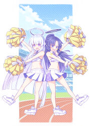 Rule 34 | 2girls, :d, arm up, bare shoulders, blue archive, blue eyes, blue hair, blue sky, blush, breasts, cloud, commentary request, day, grey hair, halo, harada (sansei rain), headgear, highres, long hair, looking at viewer, medium breasts, millennium cheerleader outfit (blue archive), multiple girls, navel, noa (blue archive), open mouth, outstretched arms, parted bangs, pleated skirt, pom pom (cheerleading), ponytail, purple eyes, shoes, skirt, sky, smile, standing, standing on one leg, sweat, v-shaped eyebrows, very long hair, white footwear, white skirt, yuuka (blue archive)