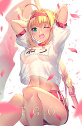 Rule 34 | 10s, 1girl, :d, ahoge, arms up, blonde hair, blush, braid, breasts, fate/extra, fate/grand order, fate (series), flag, french braid, green eyes, gym shirt, gym uniform, hair bun, hair intakes, headband, holding, holding flag, large breasts, navel, nero claudius (fate), nero claudius (fate) (all), nero claudius (fate/extra), nero claudius (olympian bloomers) (fate), official alternate costume, one eye closed, open mouth, petals, red headband, shirt, sidelocks, single hair bun, smile, solo, thighs, white shirt, yoshimoto (dear life)