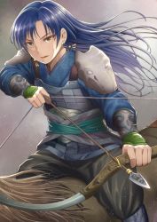 Rule 34 | 1girl, armor, arrow (projectile), blue hair, blue kimono, bow (weapon), brown eyes, brown pants, chiaki rakutarou, earrings, floating hair, floral print, highres, holding, holding arrow, holding bow (weapon), holding weapon, horse, idolmaster, idolmaster (classic), japanese clothes, jewelry, kimono, kisaragi chihaya, long hair, looking at viewer, open mouth, pants, print kimono, riding, shoulder armor, solo, weapon
