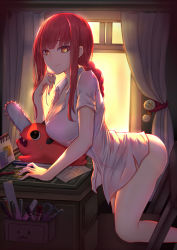 Rule 34 | 1girl, ass, bare legs, blue nails, braid, braided ponytail, breasts, chainsaw, chainsaw man, chair, closed mouth, collared shirt, curtains, foot out of frame, from side, highres, indoors, large breasts, long hair, looking at viewer, makima (chainsaw man), nail polish, no pants, pao mian+dan, pochita (chainsaw man), red hair, revision, ruler, scissors, shirt, short sleeves, smile, solo, thighs, white shirt, window, yellow eyes