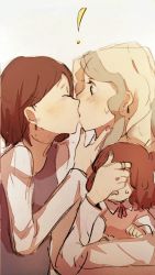 Rule 34 | !, 10s, 3girls, aged up, blonde hair, brown hair, closed eyes, commentary, diana cavendish, earrings, from side, highres, holding person, if they mated, ips cells, jewelry, jkb78 uuz91520, kagari atsuko, kiss, little witch academia, mother and daughter, multiple girls, nonoka917, ring, sketch, surprised, upper body, wedding band, wife and wife, yuri