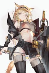 Rule 34 | 1girl, absurdres, animal ear fluff, animal ears, arknights, arm guards, bare shoulders, belt, black footwear, black hairband, black jacket, black skirt, blonde hair, blood, boots, breasts, closed mouth, commission, cowboy shot, crop top, cropped jacket, from below, grey eyes, groin, hairband, highres, holding, holding shield, horn (arknights), jacket, kensei (v2), large breasts, long hair, looking at viewer, looking down, miniskirt, navel, off shoulder, open clothes, open jacket, pixiv commission, shield, simple background, skirt, solo, standing, stomach, tail, thigh boots, v-shaped eyebrows, very long hair, white background, wolf ears, wolf girl, wolf tail