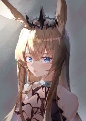 Rule 34 | 1girl, absurdres, alternate hairstyle, amiya (arknights), animal ear fluff, animal ears, arknights, ascot, bare shoulders, black ascot, blue eyes, brown hair, closed mouth, crown, hair down, highres, light particles, lips, lipstick, long hair, looking at viewer, makeup, qaq baiguang, rabbit ears, smile, solo, upper body