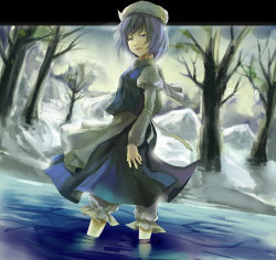 Rule 34 | 1girl, bad id, bad pixiv id, blue eyes, blue hair, cloud, female focus, forest, hat, letty whiterock, nature, outdoors, partially submerged, plant, rifsom, short hair, sky, solo, standing, tears, touhou, tree, water
