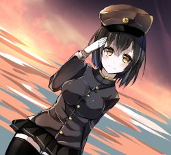 Rule 34 | 10s, 1girl, akitsu maru (kancolle), bad id, bad pixiv id, black eyes, black hair, black thighhighs, blush, breasts, brown eyes, cowboy shot, dutch angle, female focus, gloves, hat, highres, impossible clothes, kantai collection, light smile, long sleeves, looking at viewer, medium breasts, microskirt, military, military hat, military uniform, outdoors, pale skin, pleated skirt, salute, shamuichi, short hair, skirt, solo, sunset, taut clothes, thighhighs, uniform, water, white gloves, zettai ryouiki