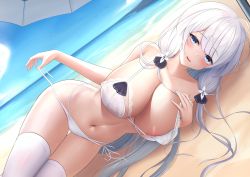 Rule 34 | 1girl, :d, absurdres, areola slip, azur lane, bare arms, bare shoulders, beach, beach umbrella, bikini, blue eyes, blue sky, blush, breasts, cleavage, collarbone, day, dutch angle, hand on own chest, highres, illustrious (azur lane), large breasts, long hair, looking at viewer, lying, multi-strapped bikini, navel, ocean, on ground, on side, open mouth, outdoors, parted lips, ribbon, see-through, shenqi (toid310), side-tie bikini bottom, sidelocks, sky, smile, solo, stomach, swimsuit, thigh gap, thighhighs, umbrella, untied bikini, very long hair, water, white bikini, white hair, white ribbon, white thighhighs