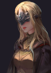 Rule 34 | 1274433817, 1girl, absurdres, blonde hair, cloak, closed mouth, dark souls (series), dark souls i, fire keeper, grey background, grey cloak, highres, hood, hooded cloak, jewelry, light smile, long hair, mask, necklace, open cloak, open clothes, pink lips, simple background, smile, solo, turtleneck, upper body