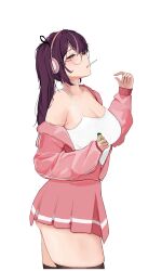 Rule 34 | 1girl, absurdres, ass, black ribbon, breasts, brown thighhighs, camisole, cigarette, cleavage, from side, hair ribbon, half-closed eyes, headphones, highres, jacket, jururu, large breasts, lighter, long hair, long sleeves, looking at viewer, miniskirt, mouth hold, multicolored hair, n amu, off shoulder, open clothes, open jacket, pink jacket, pink skirt, pleated skirt, purple eyes, purple hair, ribbon, simple background, skirt, solo, streaked hair, thighhighs, thighs, track jacket, twintails, virtual youtuber, waktaverse, white background, white camisole, zipper