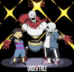 Rule 34 | 1other, 2boys, androgynous, black background, black sclera, black shorts, blue jacket, brothers, brown footwear, brown hair, cape, cel shading, child, closed eyes, colored sclera, commentary, copyright name, drawstring, facing viewer, frisk (undertale), full body, gameplay mechanics, gloves, grin, highres, hood, hood down, hooded jacket, jacket, kamezaemon, kneeling, legs apart, multiple boys, one eye closed, open clothes, open jacket, open mouth, outstretched arm, papyrus (undertale), pink footwear, reaching, reaching towards viewer, red cape, red footwear, red gloves, romper, sans, scratches, shirt, shoes, short hair, shorts, siblings, simple background, skeleton, slippers, smile, socks, sparkle, standing, torn cape, torn clothes, torn gloves, undertale, white shirt, white socks
