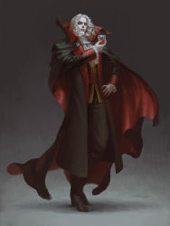 Rule 34 | 1boy, absurdres, ascot, blood, boots, cape, castlevania (series), chalice, coat, cup, dracula, european clothes, full body, grey background, grey hair, hand on own hip, highres, holding, licking, male focus, signature, simple background, solo, vampire, zhoujialin