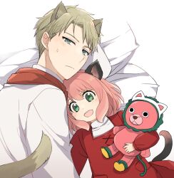 1boy 1girl animal_ears anya_(spy_x_family) aqua_eyes blonde_hair cat_ears closed_mouth director_chimera_(spy_x_family) dress father_and_daughter green_eyes long_sleeves mello79 open_mouth pink_hair red_dress shirt short_hair smile spy_x_family stuffed_toy twilight_(spy_x_family) white_shirt