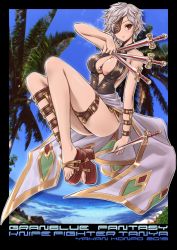 Rule 34 | 10s, 1girl, 2015, belt, between breasts, black one-piece swimsuit, breasts, character name, copyright name, day, eyepatch, granblue fantasy, inoue tomii, jewelry, knife, necklace, one-piece swimsuit, red eyes, sandals, short hair, silver hair, slingshot swimsuit, solo, swimsuit, tania (granblue fantasy), thigh strap