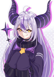 Rule 34 | 1girl, absurdres, collar, demon girl, demon horns, demon tail, hair between eyes, highres, hololive, horns, la+ darknesss, long hair, multicolored hair, nabenabe3104, polka dot, polka dot background, purple hair, sleeves past fingers, sleeves past wrists, smile, solo, streaked hair, striped horns, tail, tongue, tongue out, two-tone hair, upper body, very long hair, virtual youtuber, yellow eyes